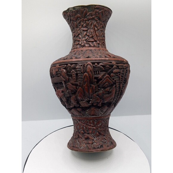 Chinese Cinnabar Vase Carved Super Rare Piece Antique 8 1/2" Tall - Picture 5 of 16